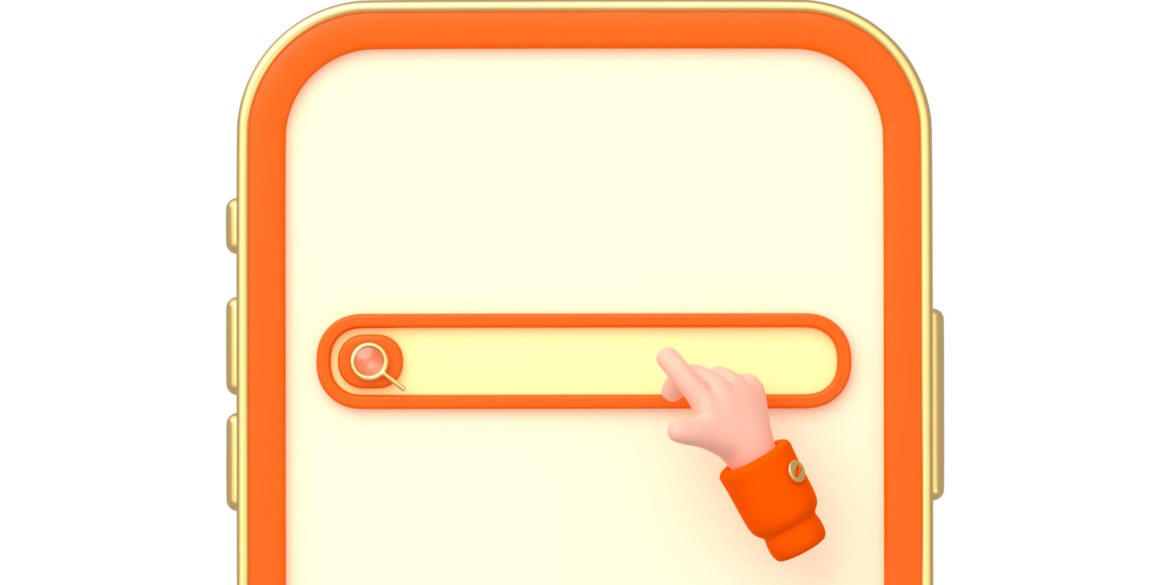 Internet search bar on mobile phone. Website template with elements of online search, empty field with magnifier icon and hand cursor on smartphone with orange frame, 3d render illustration
