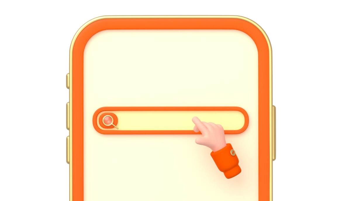 Internet search bar on mobile phone. Website template with elements of online search, empty field with magnifier icon and hand cursor on smartphone with orange frame, 3d render illustration