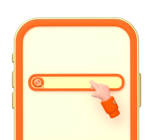 Internet search bar on mobile phone. Website template with elements of online search, empty field with magnifier icon and hand cursor on smartphone with orange frame, 3d render illustration