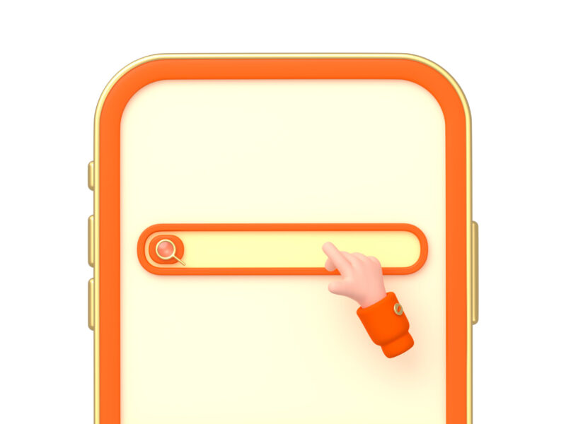 Internet search bar on mobile phone. Website template with elements of online search, empty field with magnifier icon and hand cursor on smartphone with orange frame, 3d render illustration